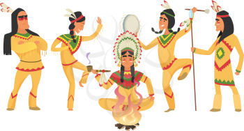 American native indians. Shaman and fire, ritual dancing people. Indian warriors vector illustration. Native culture, tribal american people