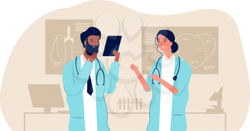 Doctorc couple. Interracial male female nurses, medical staff. Hospital team, research scientists vector illustration. Doctor medical woman and man, practitioner character