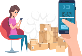 QR code. Girl finding information about parcels with phone and barcode identification vector illustration. Hold smartphone with code, technology qr digital