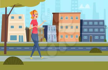 Listen music on street. Outdoor character standing in urban landscape with headset and smartphone student leisure vector background. Girl listen music, audio outdoor player in headphone illustration