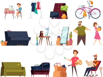 Garage selling. Flea marketplace with clothes and home vintage items many furniture old books toys vector cartoon set. Selling illustration market, piano, bicycle and old furniture