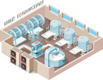 Dairy food factory. Automation industrial milk production bottling equip lines vector isometric factory interior. Factory food milk, dairy manufacturing illustration