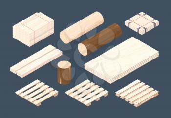 Wooden pallet. Isometric cargo containers and packages timber vector wooden set. Cargo pallet fot transportation isometric, storage and delivery illustration