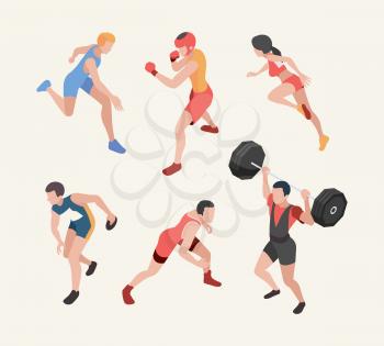 Sports characters. Isometric olympic games players runners jumpers weightlifting cycling vector sport. Illustration cartoon, athlete, people competition and training