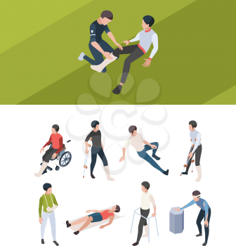 First injury help. Rehabilitation persons broken bones plastering arms and legs after accident medical isometric injury people. Emergency accident, help and care illustration