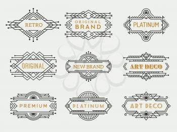 Art deco labels. Frames vintage luxury cafe antique elements outline restaurant arts vector collection. Monogram antique, wedding or boutique logotype linear illustration