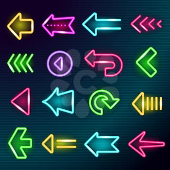 Neon arrows. Glow lighting direction hotel arrow signs night outside shining advertizing elements vector bright collection set. Advertizing shining arrow, neon bright glow illustration