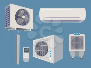 Conditioner set. Air condition wind system ventilation vector cartoon collection home smart items. Illustration conditioning system, air cooling, ventilation equipment