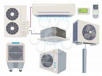 Blow filter. Air conditioner ventilation systems home wind tools vector cartoon illustration. Air system conditioning, airconditioner ventilation