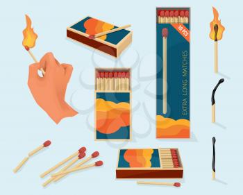Burning matches. Safety packages for matchstick wooden stick flame symbols vector illustration in cartoon style. Safety danger fire, flame stick box