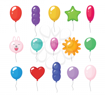 Cartoon balloons. Festive entertainment bright reflections colored items shiny flying toys for party vector rubber air balloons. Birthday bright air helium balloons heart star and sun illustration
