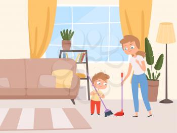 Housework children help. Kids washing living room with parents cleaning house with father and mother vector cartoon characters. Illustration child and mother cleaning room