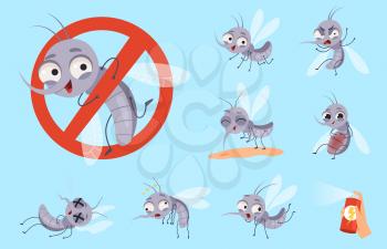 Dangerous mosquito. Bugs and warning flyings animals mosquito aid vector cartoon set. Mosquito bug insect, animal bite gnat illustration