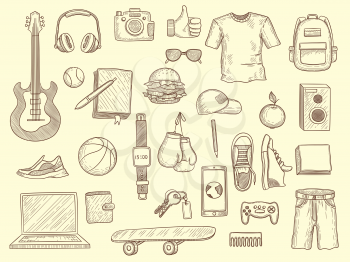 Teenage stuff. Young boys and girls clothes and gadgets teenage modern wardrobe vector drawn collection. Teenager drawing clothes and things, glasses and guitar illustration