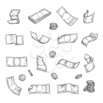 Hand drawn money. Argent coins finance capital gold investment symbols vector collection. Illustration investment money, banking drawing currency cash