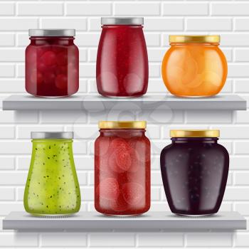 Jam food shelves. Fruits marmalade delicious products strawberry peaches apricots in glass jar realistic jam illustrations. Jam fruit, marmalade container eating delicious