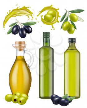 Olive bottles. Oil glass package healthy natural products for cooking food green and black greek olives vector realistic template. Olive glass bottle, oil healthy for cooking illustration