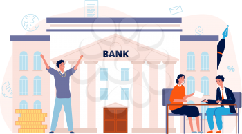 Bank agreement. Loan, man signing contract with manager. Finance or investment, happy male businessman vector concept. Agreement and contract, investment official and legal signing illustration