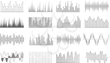 Music waves. Audio recorder, equalizer or pulse technology elements. Sound player panel, voice signal vector set. Sound frequency, radio equalizer beat illustration