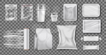 Plastic polyethylene packaging. Realistic cellophane boxes and cups. Transparent pack vector mockup. Illustration polyethylene package, plastic polythene pack