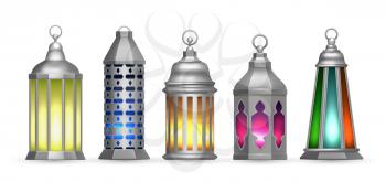 Realistic silver arab lamps. Colorful oriental lanterns, isolated islamic decorative lights vector set. Illustration lamp lantern, arabian religious oriental