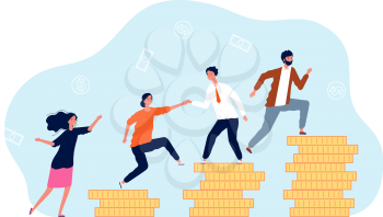 Revenue growth. People climb on coins. Mutual assistance in business, teamwork. Path to success, financial profit vector illustration. Business growth success, money progress graph increase