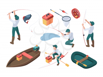 Fishing hobbies. Sport fisherman relaxing at nature spinning and rod rubber boat in river vector isometric people. Fisherman relaxing, rubber boat isometric