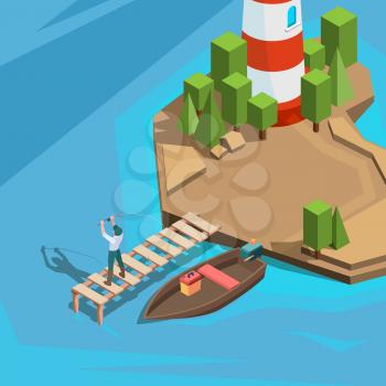 Fishing at dock. Outdoor berth fisherman in boat river or sea fishing with spinning active vacation time vector isometric background. Fisherman on lake or river, lighthouse and marina illustration