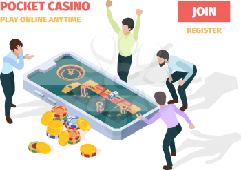 Online casino. Winners lucky happy people playing roulette blackjack gambling on smartphones and tablets vector isometric gaming concept. Casino online, winner in roulette, lucky game illustration