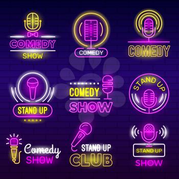 Standup show. Retro microphone comedy club neon logotypes comedian identity vector set collection. Illustration standup comedy, humor stand up