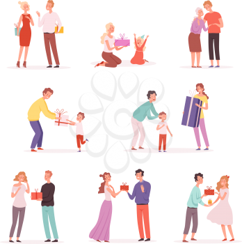 Couple giving gifts. Happy children with gifts give presenting at party vector isolated cartoon pictures. Couple with gift, anniversary and christmas surprise illustration