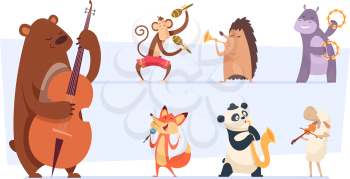 Animals musicians. Wild cartoon zoo animals with musical instruments vocal and song play band with guitar violin vector funny set. Hedgehog and hippopotamus, melody play concert illustration