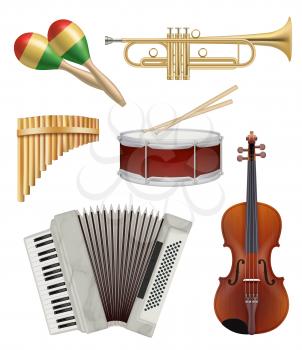Music instruments. Audio items collection for pop or rock jazz music band vector illustrations. Equipment acoustic violin and button accordion