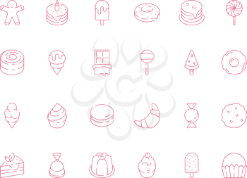 Dessert food icon. Sweets chocolate cakes and candy biscuits ice cream vector dessert symbols. Illustration of croissant and ice cream, tiramisu dessert and cake