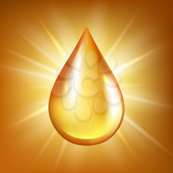 Oil drop. Gold transparent liquid organic water or oil splashes on glossy reflection vector background. Oil drop illustration, golden natural drip honey