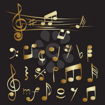 Gold musical note of set vector collection. Illustration of musical note and key, classical symbol for melody