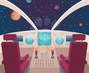 Spaceship cockpit. Shuttle inside interior with dashboard panel vector illustration in cartoon style. Rocket ship inside, spacecraft dashboard