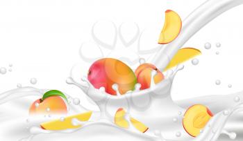 Realistic milk or yogurt flow with peach and mango vector background. Fruit splash milk, freshness peach and mango in yogurt illustration