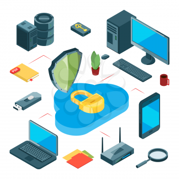 Secure cloud storage. Isometric data storage vector concept. Information transfer, internet and local network. Storage data and information, cloud isometric database, computing security illustration