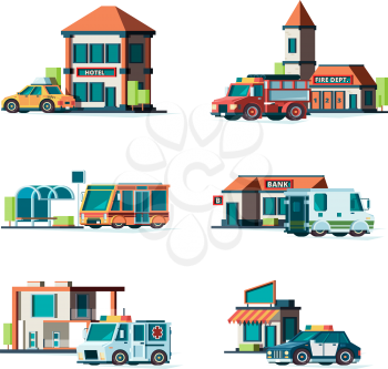 Municipal buildings. City cars near facade of buildings fire station post office police bank public vector illustrations. Fire station, construction hospital