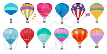 Hot air balloon. Romantic colorful flying entertainment festival balloons outdoor in sky vector collection. Air hot balloon travel, sky transport illustration