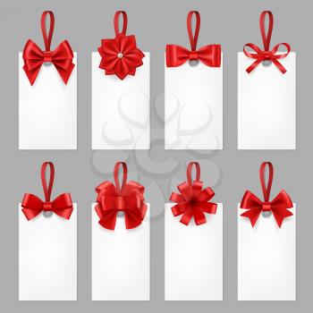 Gift cards with ribbons. Tags with textile bow from elegant silk ribbon for present vector realistic template. Illustration gift card to holiday ribbon and card