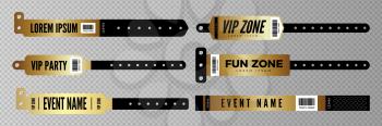 Events bracelets. Vector golden entrance key for party, concert, disco bar. Entry bracelets isolated on transparent background. Illustration of party bracelet to concert, wristlet vip id