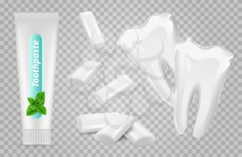 Dental set. Vector toothpaste, chewing gums, white teeth. Illustration dental toothpaste, clean mouth and care hygiene