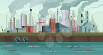Dirty factory. Trash and smoke from urban factory production river pollution city smog in sky concept background. Pipe pollution, factory building production illustration
