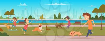 Kids in park with dogs. Children jogging and playing running with happy domestic puppy dogs vector outdoor background. Dog walk in park with children illustration