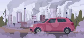 Polluter car. Atmospheric pollution industrial factory automobile traffic engine smoke bad urban environment vector background. Pollution from car and factory illustration
