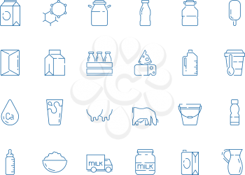 Milk icons. Bottle jars plastic containers with farm products cheeses yoghurt ice cream dairy vector milk symbols. Illustration farm milk and bottle dairy cream and yogurt
