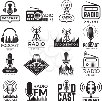 Radio station logo. Music studio podcast speaker vector badges collection. Radio station logo with antenna, broadcast logotype Fm illustration