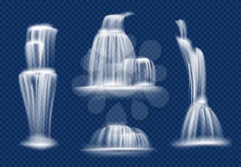Waterfall. Water cascade flowing with splashes and drops fast transparent natural vector realistic waterfall. Illustration waterfall aqua stream, splash liquid